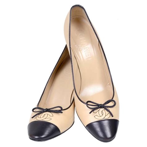 vintage chanel pointed toe beige and black heels front strap|Shoes .